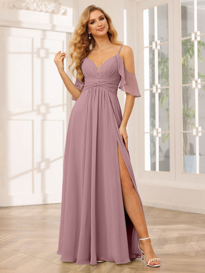 Vestidos de Dama de Honra Linha A/Princesa com Decote Em V e Alças Finas com Divisão Lateral