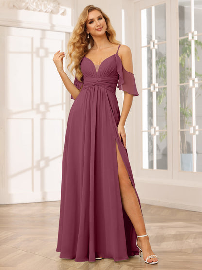 Vestidos de Dama de Honra Linha A/Princesa com Decote Em V e Alças Finas com Divisão Lateral