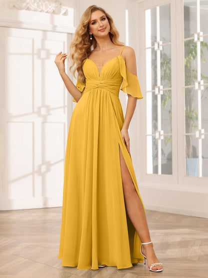 Vestidos de Dama de Honra Linha A/Princesa com Decote Em V e Alças Finas com Divisão Lateral