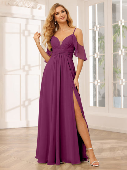 Vestidos de Dama de Honra Linha A/Princesa com Decote Em V e Alças Finas com Divisão Lateral
