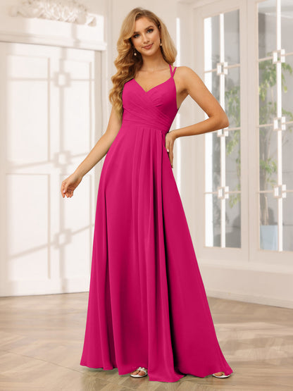 Vestidos Longos de Dama de Honra com Decote Em V Evasê/Princesa com Babados
