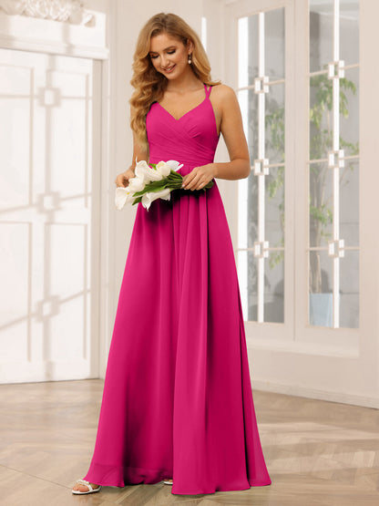 Vestidos Longos de Dama de Honra com Decote Em V Evasê/Princesa com Babados