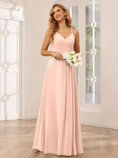 Vestidos Longos de Dama de Honra com Decote Em V Evasê/Princesa com Babados