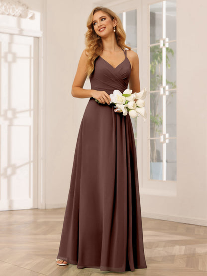 Vestidos Longos de Dama de Honra com Decote Em V Evasê/Princesa com Babados