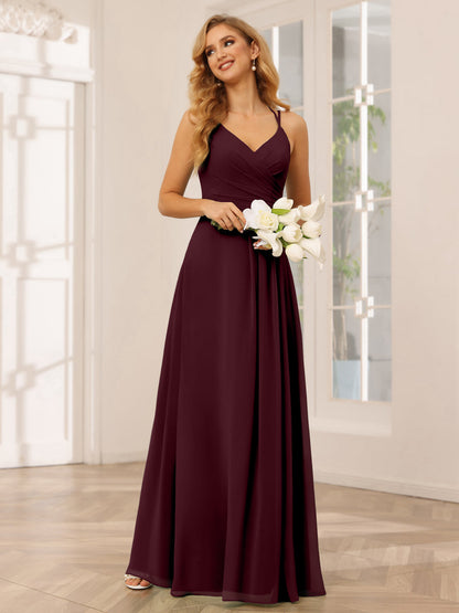 Vestidos Longos de Dama de Honra com Decote Em V Evasê/Princesa com Babados