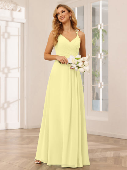 Vestidos Longos de Dama de Honra com Decote Em V Evasê/Princesa com Babados