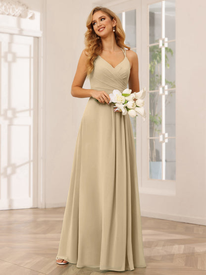 Vestidos Longos de Dama de Honra com Decote Em V Evasê/Princesa com Babados