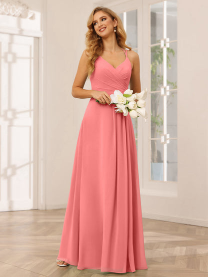 Vestidos Longos de Dama de Honra com Decote Em V Evasê/Princesa com Babados