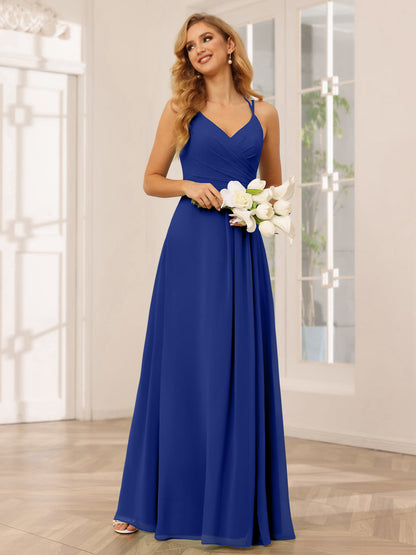 Vestidos Longos de Dama de Honra com Decote Em V Evasê/Princesa com Babados
