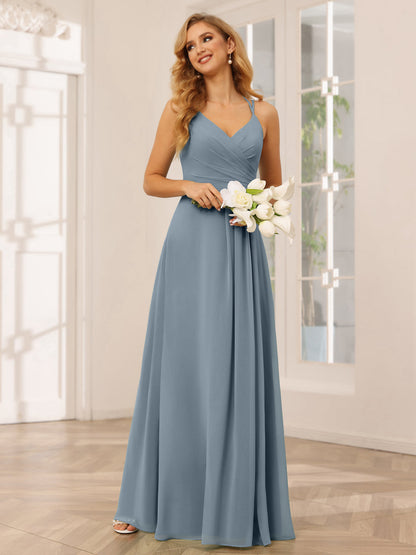 Vestidos Longos de Dama de Honra com Decote Em V Evasê/Princesa com Babados