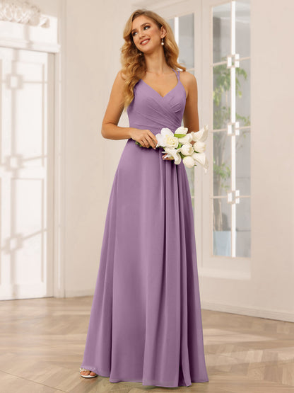 Vestidos Longos de Dama de Honra com Decote Em V Evasê/Princesa com Babados
