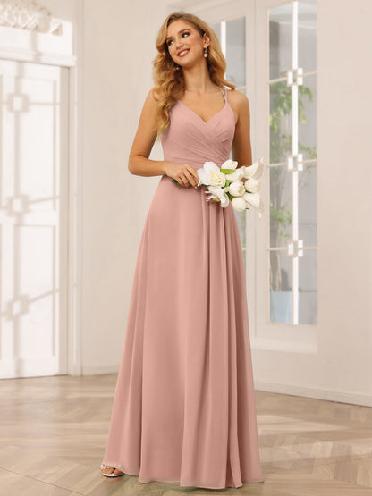 Vestidos Longos de Dama de Honra com Decote Em V Evasê/Princesa com Babados