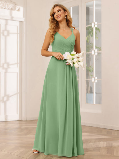 Vestidos Longos de Dama de Honra com Decote Em V Evasê/Princesa com Babados
