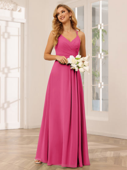 Vestidos Longos de Dama de Honra com Decote Em V Evasê/Princesa com Babados