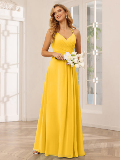 Vestidos Longos de Dama de Honra com Decote Em V Evasê/Princesa com Babados