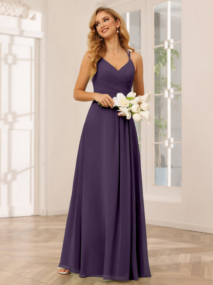 Vestidos Longos de Dama de Honra com Decote Em V Evasê/Princesa com Babados