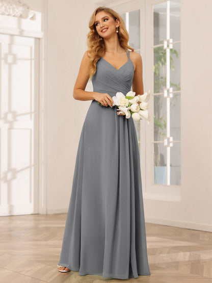 Vestidos Longos de Dama de Honra com Decote Em V Evasê/Princesa com Babados