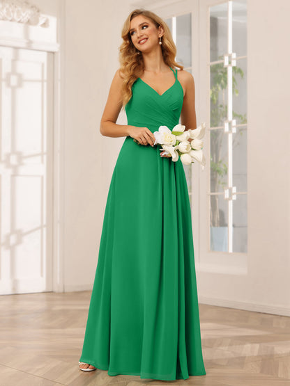 Vestidos Longos de Dama de Honra com Decote Em V Evasê/Princesa com Babados