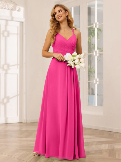Vestidos Longos de Dama de Honra com Decote Em V Evasê/Princesa com Babados
