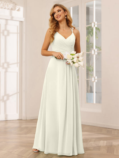 Vestidos Longos de Dama de Honra com Decote Em V Evasê/Princesa com Babados