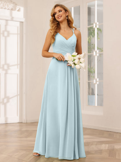 Vestidos Longos de Dama de Honra com Decote Em V Evasê/Princesa com Babados