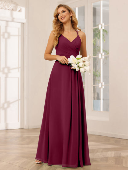 Vestidos Longos de Dama de Honra com Decote Em V Evasê/Princesa com Babados