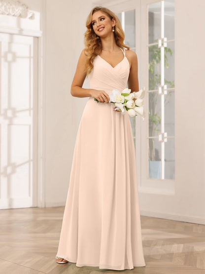 Vestidos Longos de Dama de Honra com Decote Em V Evasê/Princesa com Babados