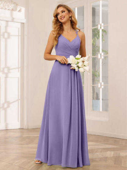 Vestidos Longos de Dama de Honra com Decote Em V Evasê/Princesa com Babados