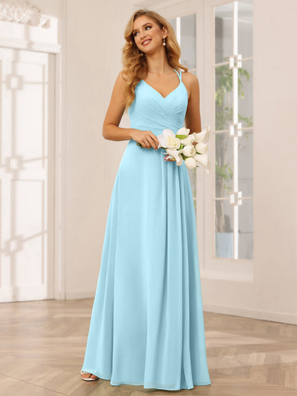 Vestidos Longos de Dama de Honra com Decote Em V Evasê/Princesa com Babados