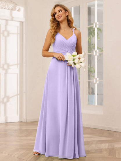 Vestidos Longos de Dama de Honra com Decote Em V Evasê/Princesa com Babados