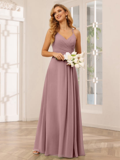 Vestidos Longos de Dama de Honra com Decote Em V Evasê/Princesa com Babados