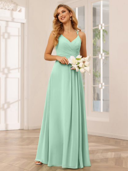 Vestidos Longos de Dama de Honra com Decote Em V Evasê/Princesa com Babados