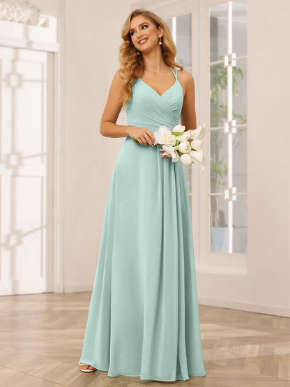 Vestidos Longos de Dama de Honra com Decote Em V Evasê/Princesa com Babados