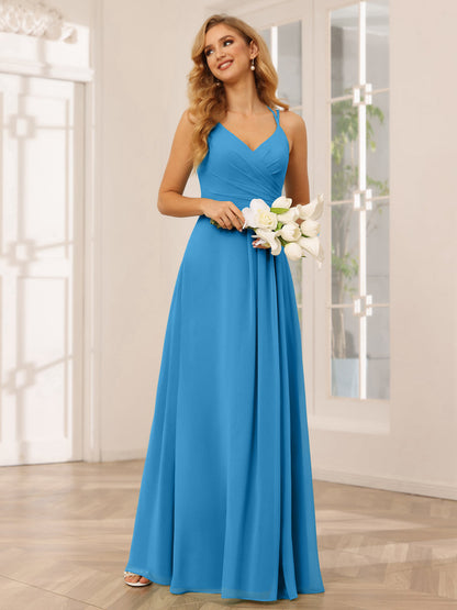 Vestidos Longos de Dama de Honra com Decote Em V Evasê/Princesa com Babados