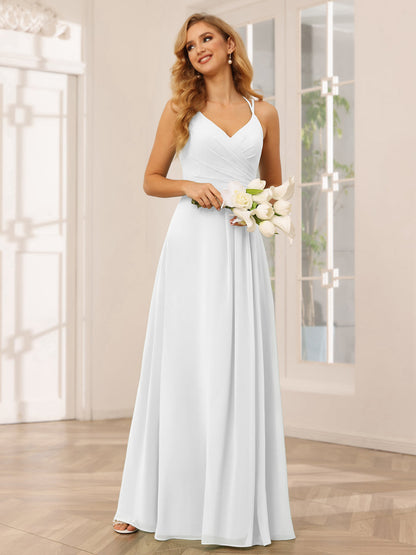 Vestidos Longos de Dama de Honra com Decote Em V Evasê/Princesa com Babados