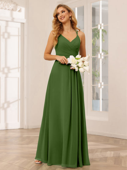 Vestidos Longos de Dama de Honra com Decote Em V Evasê/Princesa com Babados