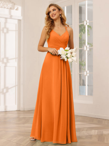 Vestidos Longos de Dama de Honra com Decote Em V Evasê/Princesa com Babados