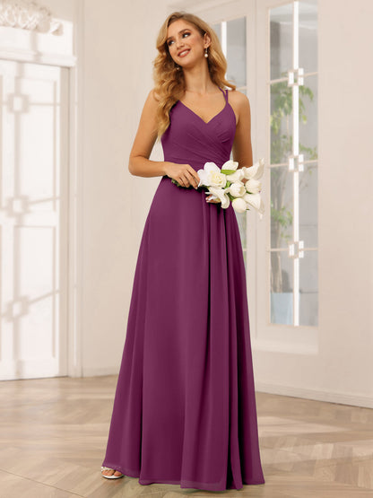Vestidos Longos de Dama de Honra com Decote Em V Evasê/Princesa com Babados