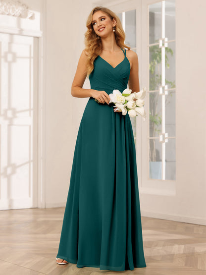 Vestidos Longos de Dama de Honra com Decote Em V Evasê/Princesa com Babados