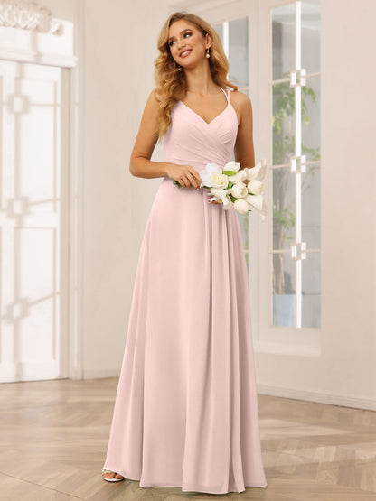 Vestidos Longos de Dama de Honra com Decote Em V Evasê/Princesa com Babados