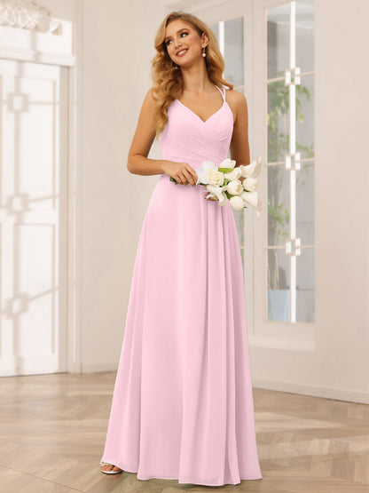 Vestidos Longos de Dama de Honra com Decote Em V Evasê/Princesa com Babados