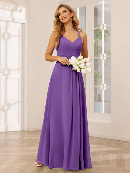 Vestidos Longos de Dama de Honra com Decote Em V Evasê/Princesa com Babados