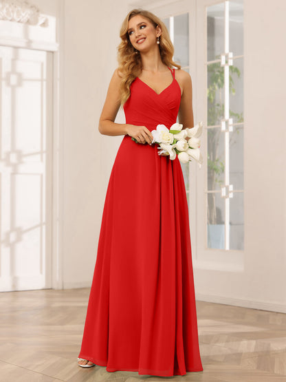 Vestidos Longos de Dama de Honra com Decote Em V Evasê/Princesa com Babados