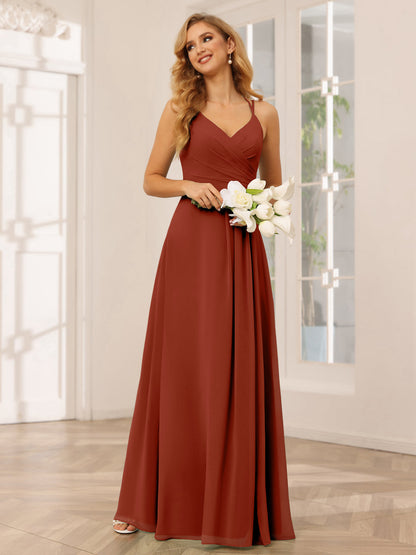 Vestidos Longos de Dama de Honra com Decote Em V Evasê/Princesa com Babados