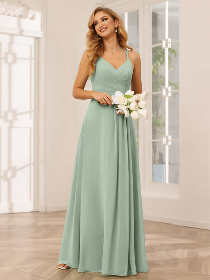 Vestidos Longos de Dama de Honra com Decote Em V Evasê/Princesa com Babados