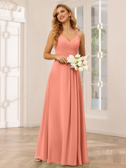 Vestidos Longos de Dama de Honra com Decote Em V Evasê/Princesa com Babados