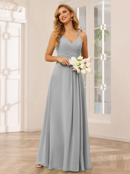 Vestidos Longos de Dama de Honra com Decote Em V Evasê/Princesa com Babados