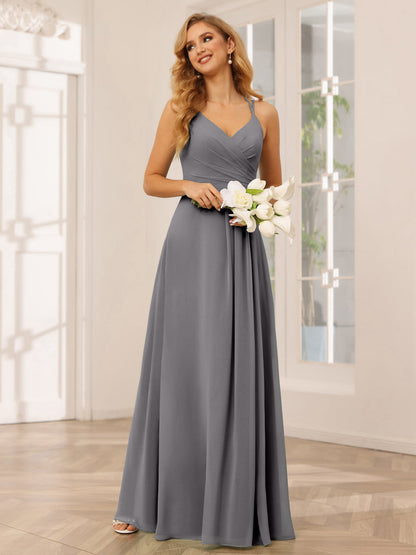 Vestidos Longos de Dama de Honra com Decote Em V Evasê/Princesa com Babados