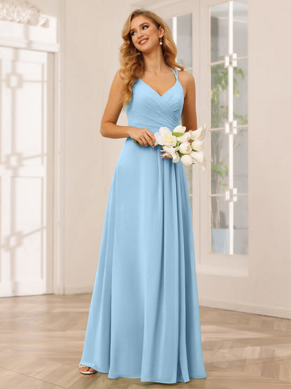 Vestidos Longos de Dama de Honra com Decote Em V Evasê/Princesa com Babados