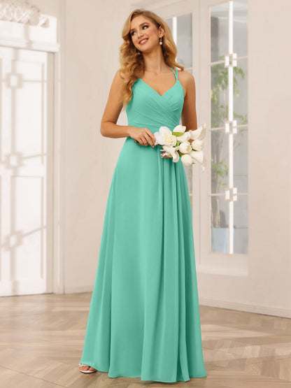 Vestidos Longos de Dama de Honra com Decote Em V Evasê/Princesa com Babados